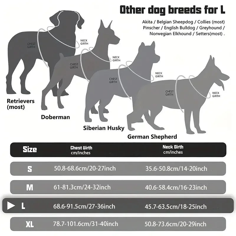 Dog harness size chart for large breeds like Retrievers, Doberman, Husky, German Shepherd.