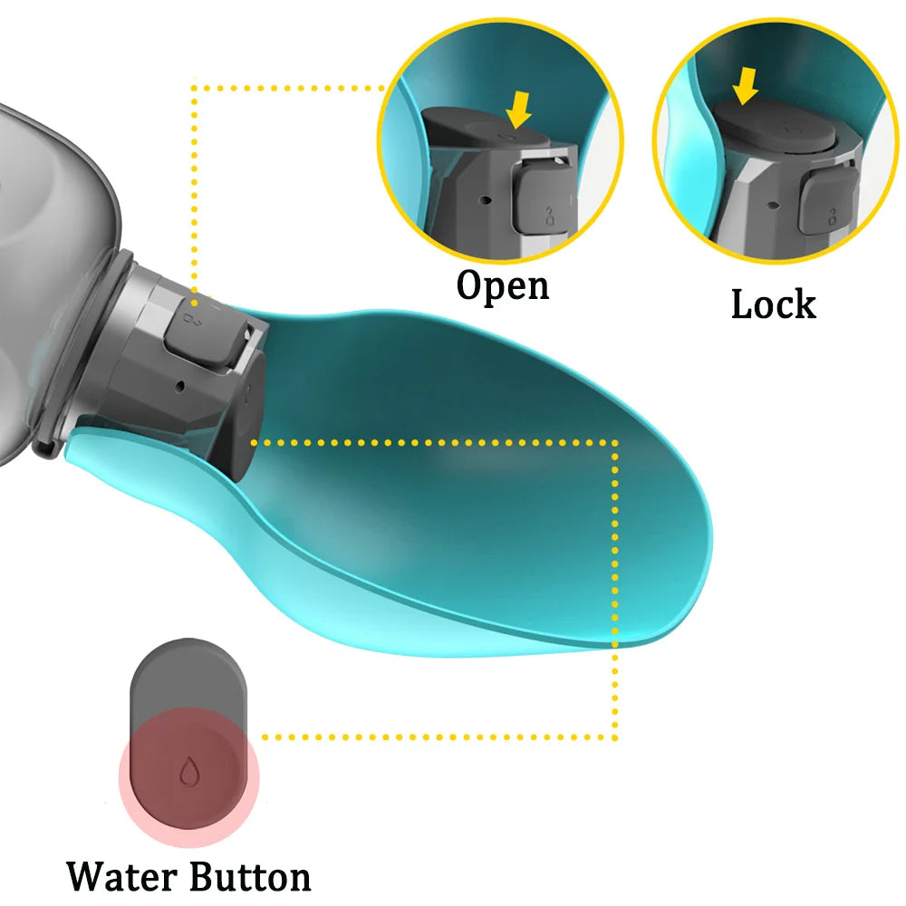 Close-up of GEO portable pet water bottle showing open and lock switch, blue drinking tray, and water button.
