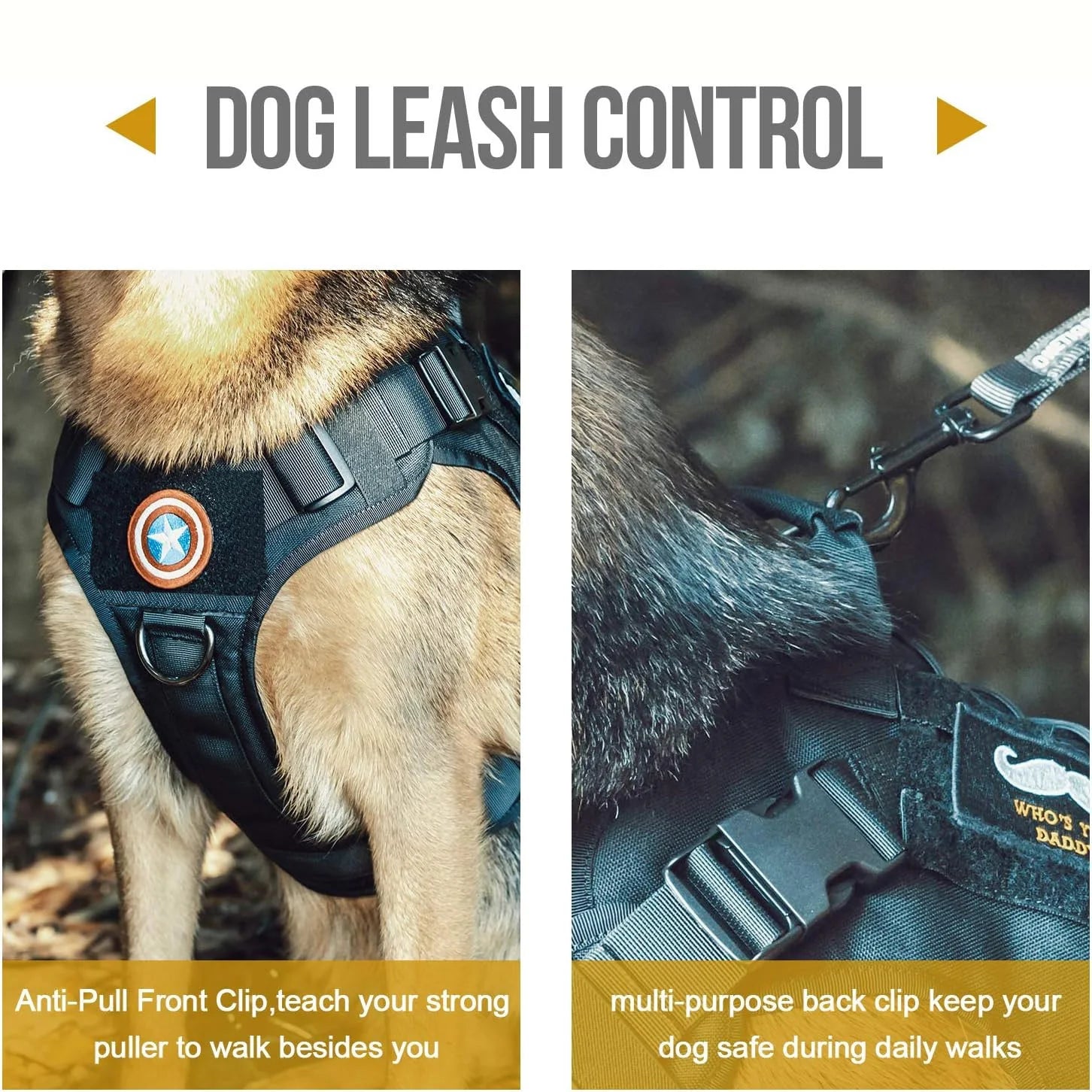Dog leash control harness with anti-pull front clip and secure back clip for safe walks