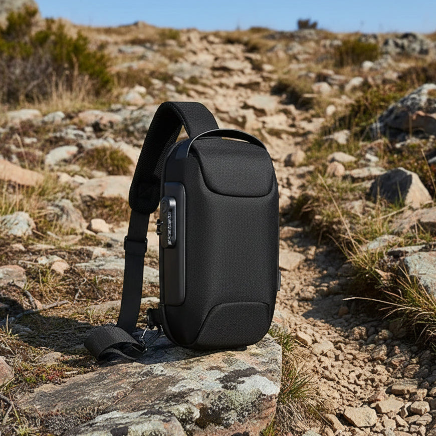 Black anti-theft crossbody sling bag with lock and adjustable strap, GEO store