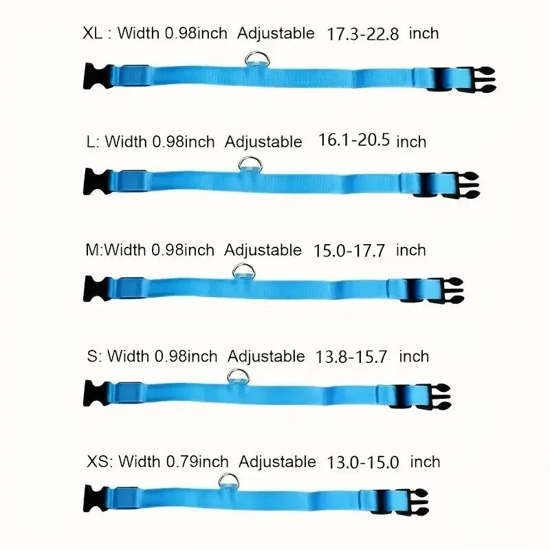 GEO adjustable blue dog collars in sizes XS to XL, with width and length measurements shown.