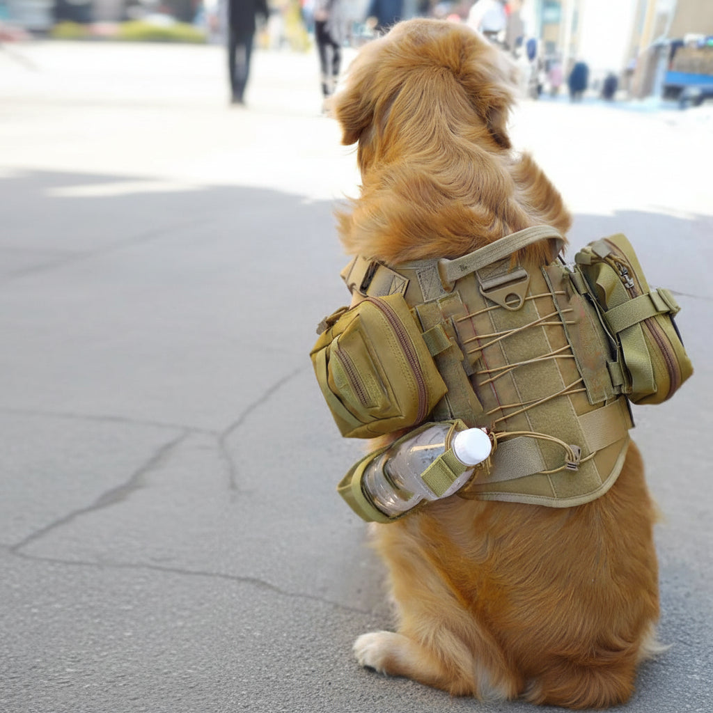 Dog wearing tactical MOLLE gear vest with pouches and water bottle outdoors, GEO homepage
