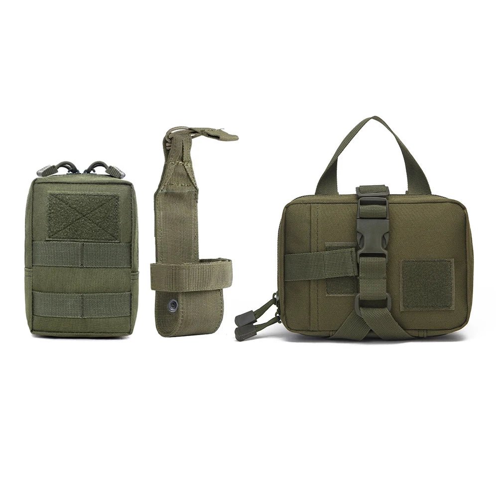 Three olive green tactical pouches with straps and buckles, displayed on white background