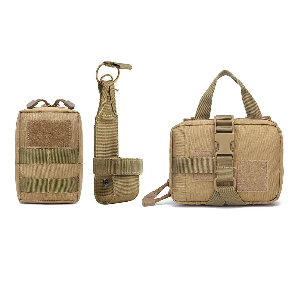 Set of tan tactical pouches and strap with MOLLE webbing, displayed on white background