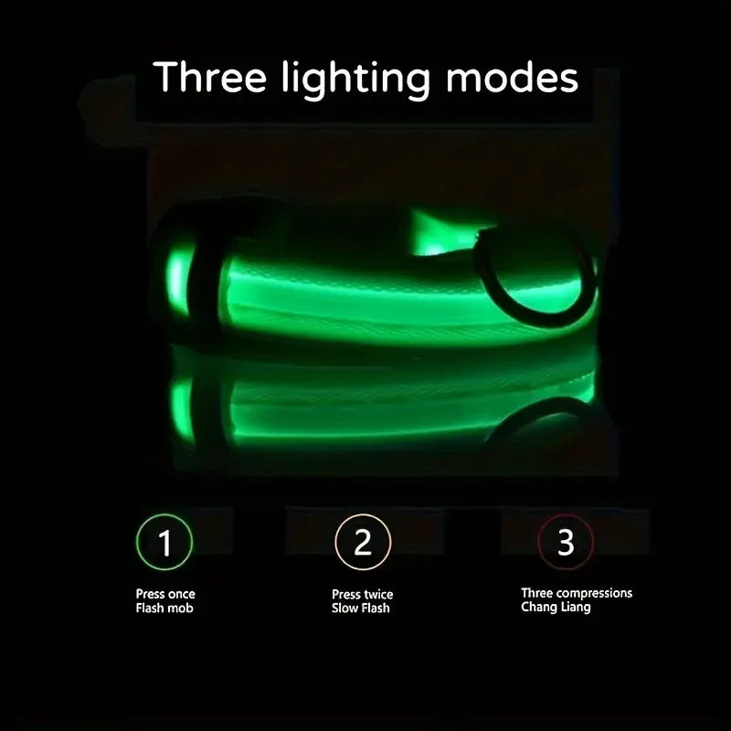Green LED dog collar showing three lighting modes with clickable button options, GEO