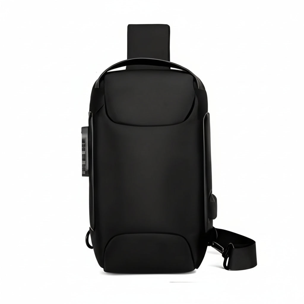 Sleek black GEO crossbody backpack with adjustable strap and side pocket, by HOMEFISH