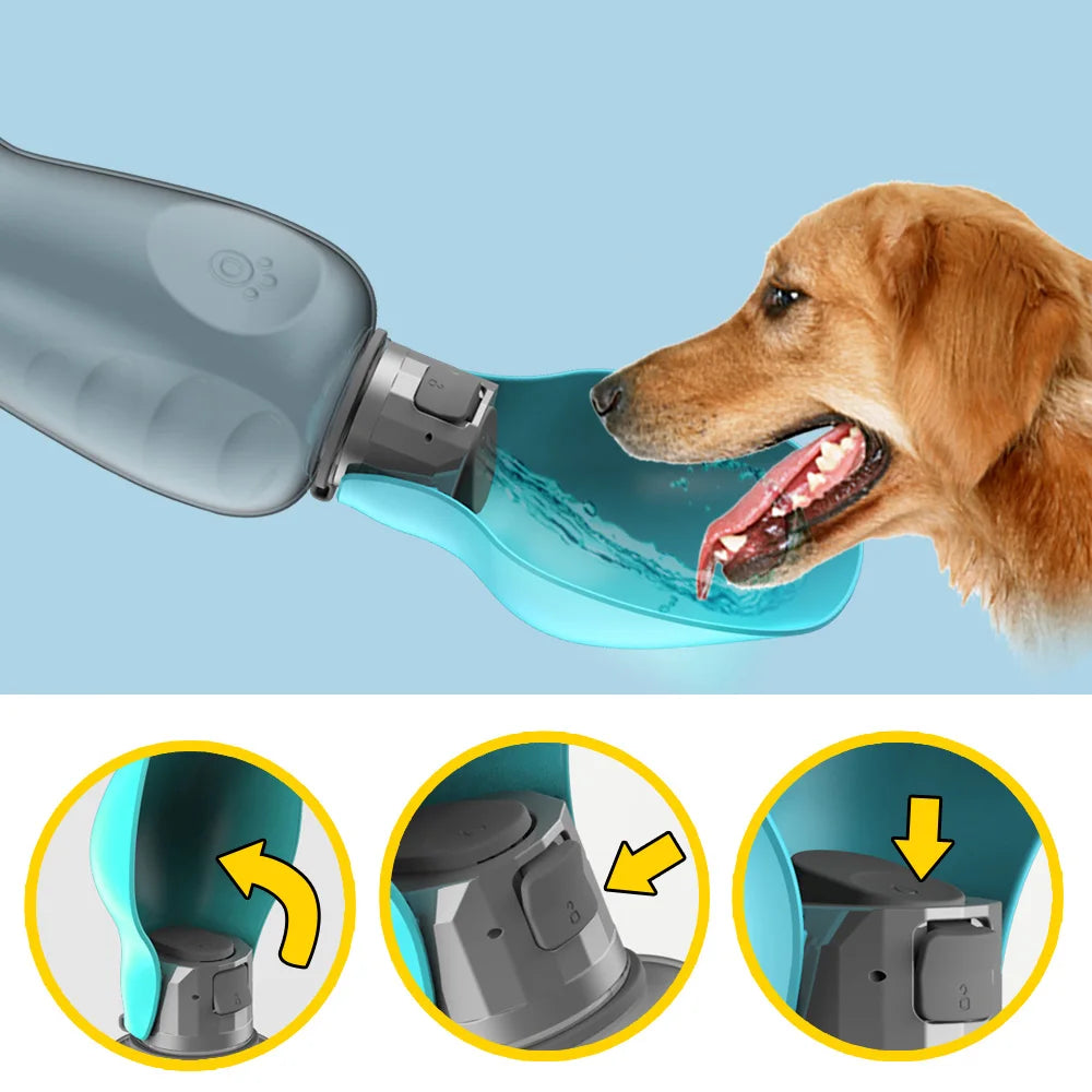Dog drinking from portable pet water bottle with spout, illustrated usage steps below