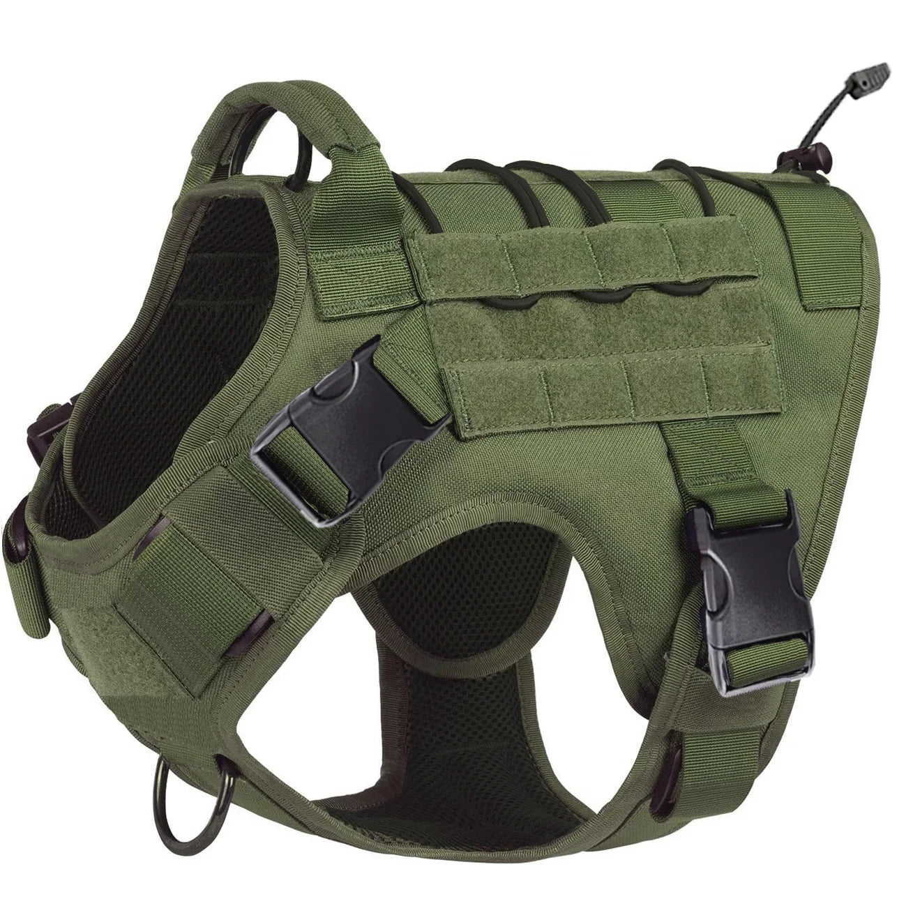 Olive green tactical dog harness with sturdy buckles and reinforced handle, GEO store