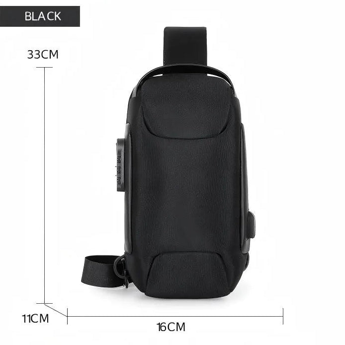 Black GEO crossbody sling bag with strap, 33x16x11cm, front view