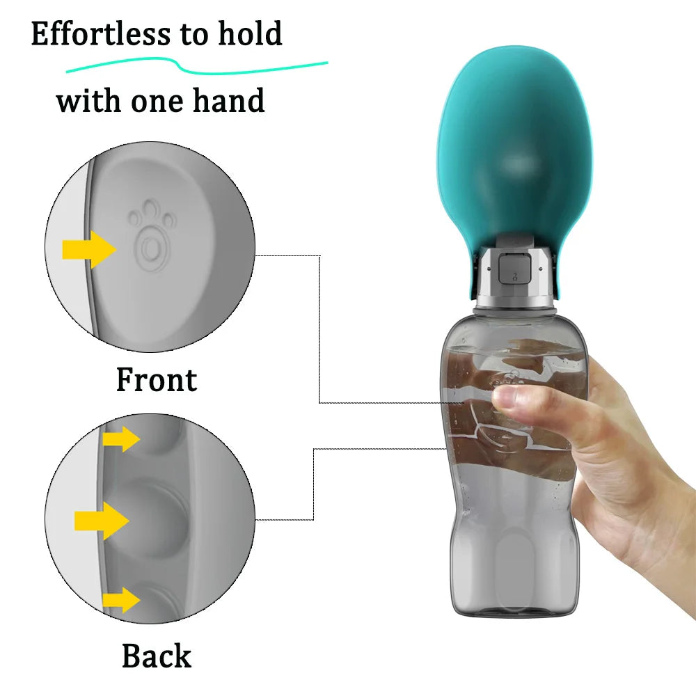One-handed pet water bottle with turquoise top and ergonomic grip, easy to hold.