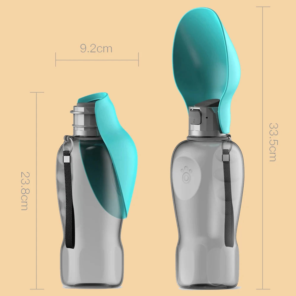 Aqua blue and gray portable pet water bottle with attached strap, large built-in drinking cup, product dimensions shown, GEO store.
