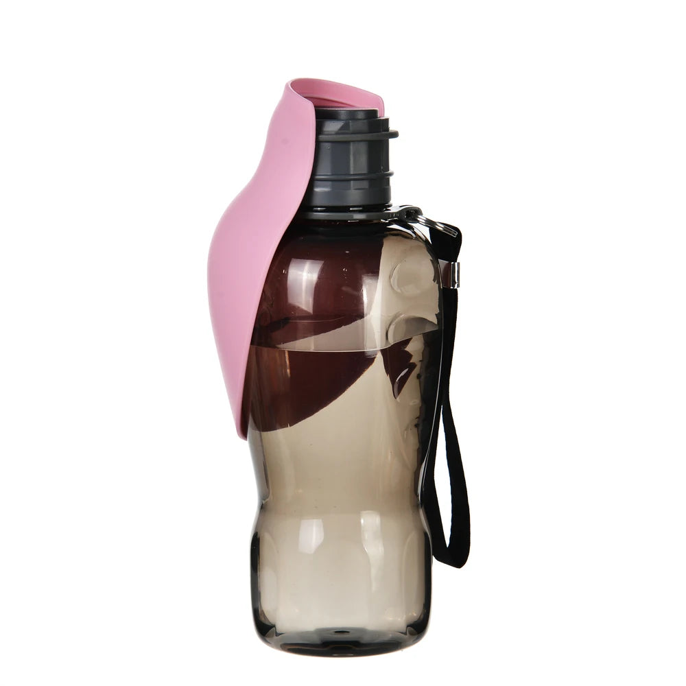 Smoky gray plastic water bottle with pink flip-top lid and black carrying strap, GEO