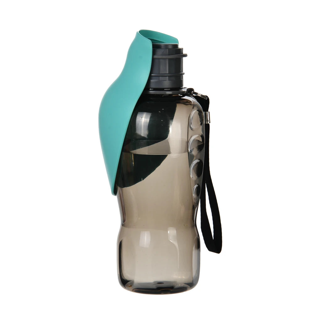 Smoky gray water bottle with teal lid and black wrist strap on white background, GEO