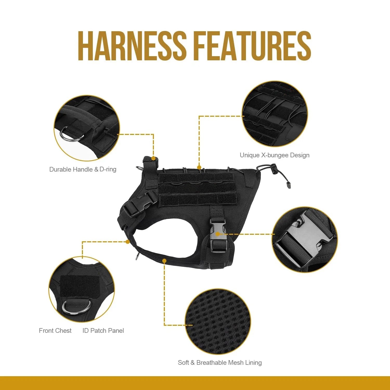 Black dog harness with durable handle, D-ring, X-bungee design, mesh lining, and ID patch