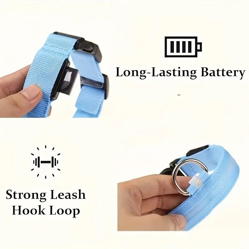 Blue GEO pet collar with durable leash hook and long-lasting battery feature, close-up view.