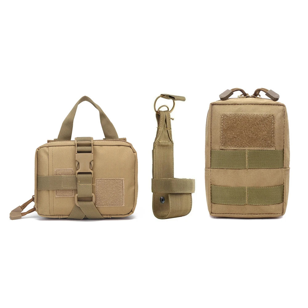 Tan tactical utility pouch set with MOLLE straps, handle, and clip, displayed on white background.