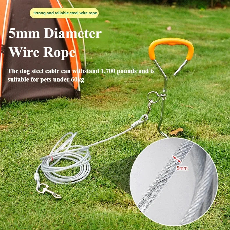5mm steel wire dog cable with orange handle stake on grass, suitable for pets under 60kg