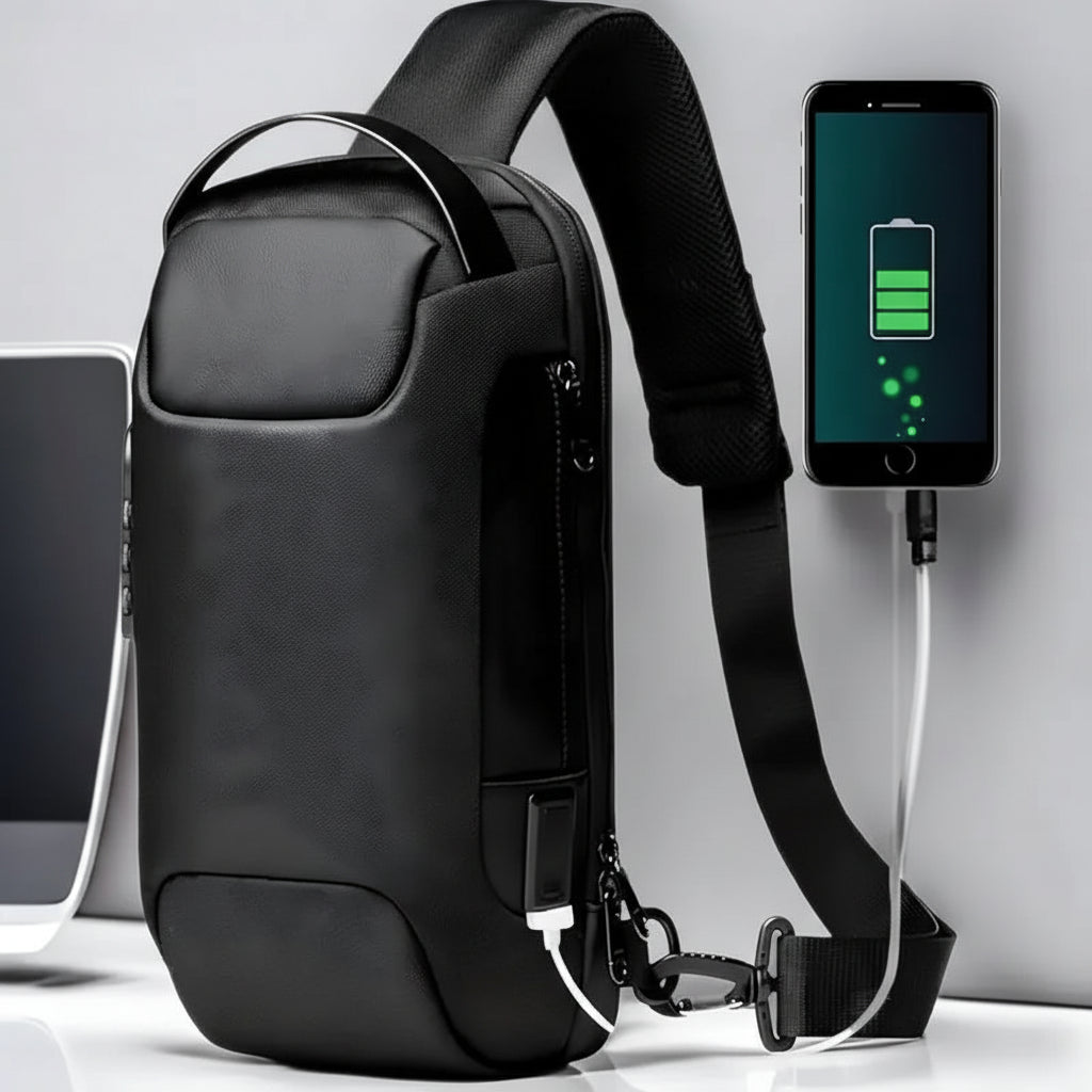 Black anti-theft sling bag with USB charging port and phone, modern secure design