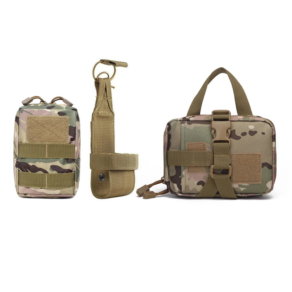 GEO tactical camo utility pouches with straps and buckles, durable outdoor gear