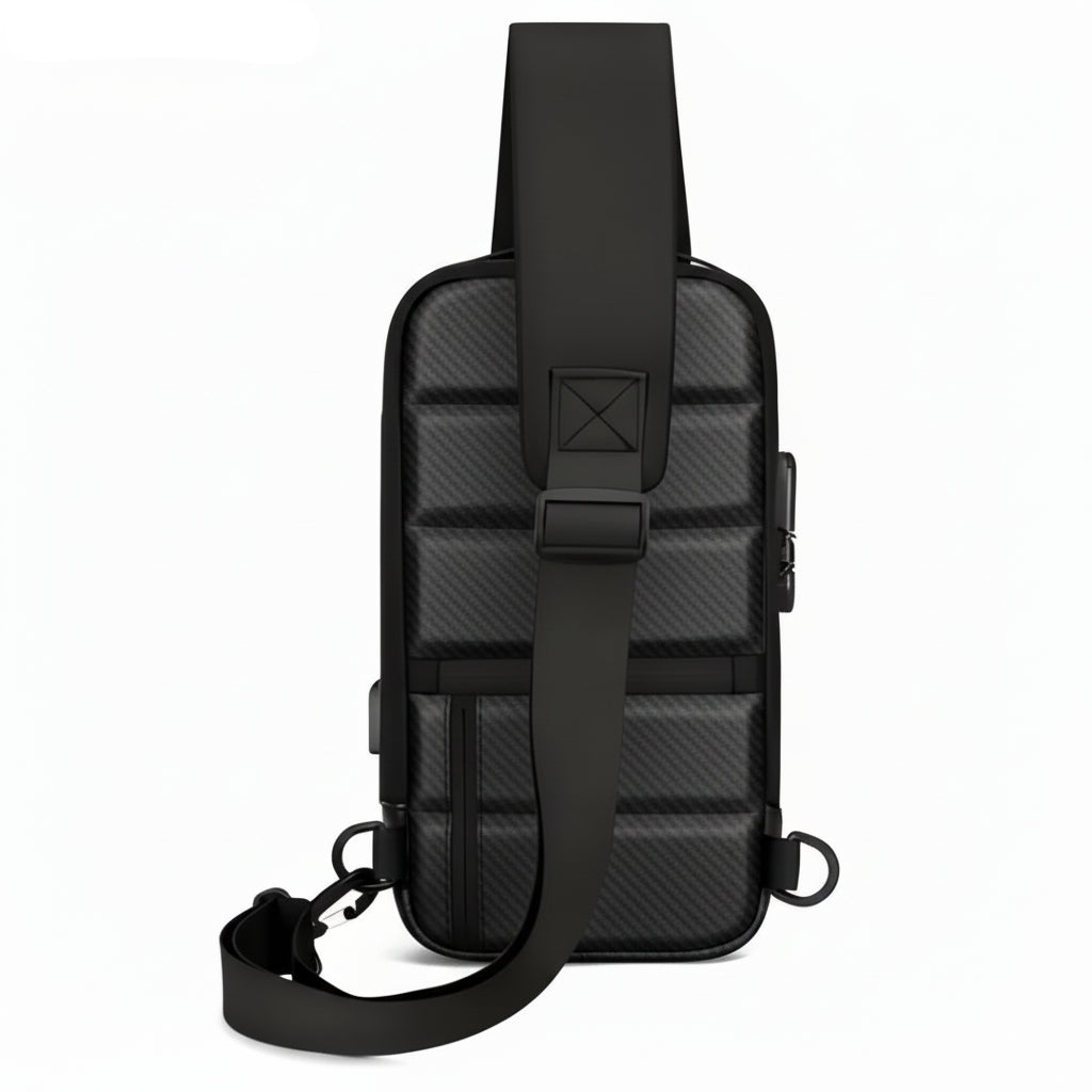 Black sling backpack with wide adjustable strap, HOMEFISH logo, modern textured design