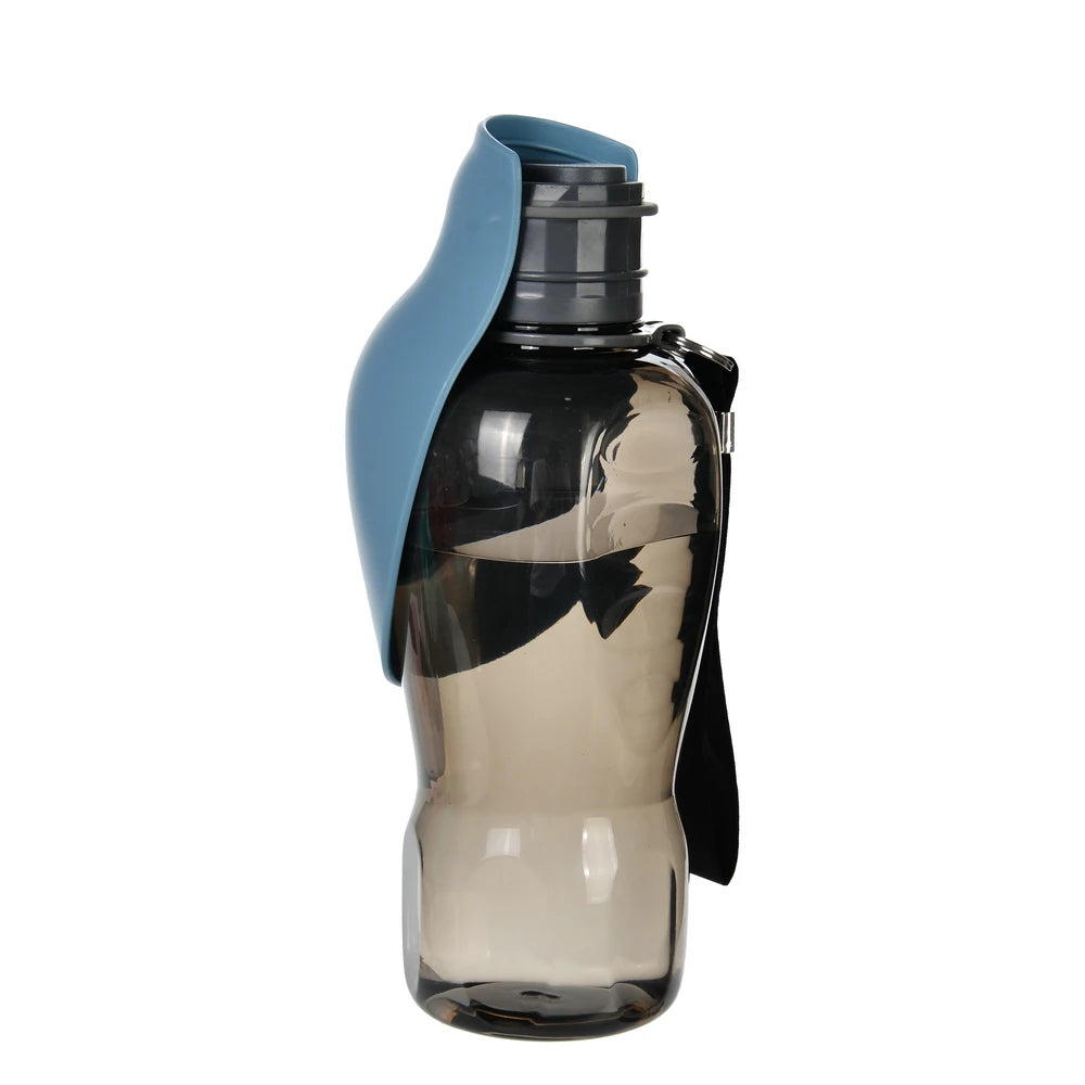 Transparent reusable water bottle with blue flip lid, GEO product on white background