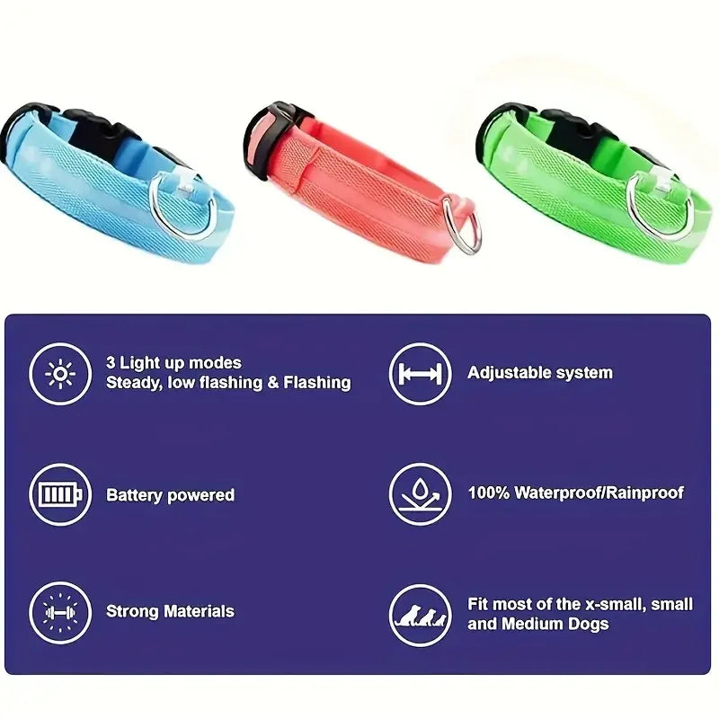 Blue, red, and green LED dog collars with adjustable fit, waterproof, battery powered, for small and medium dogs.