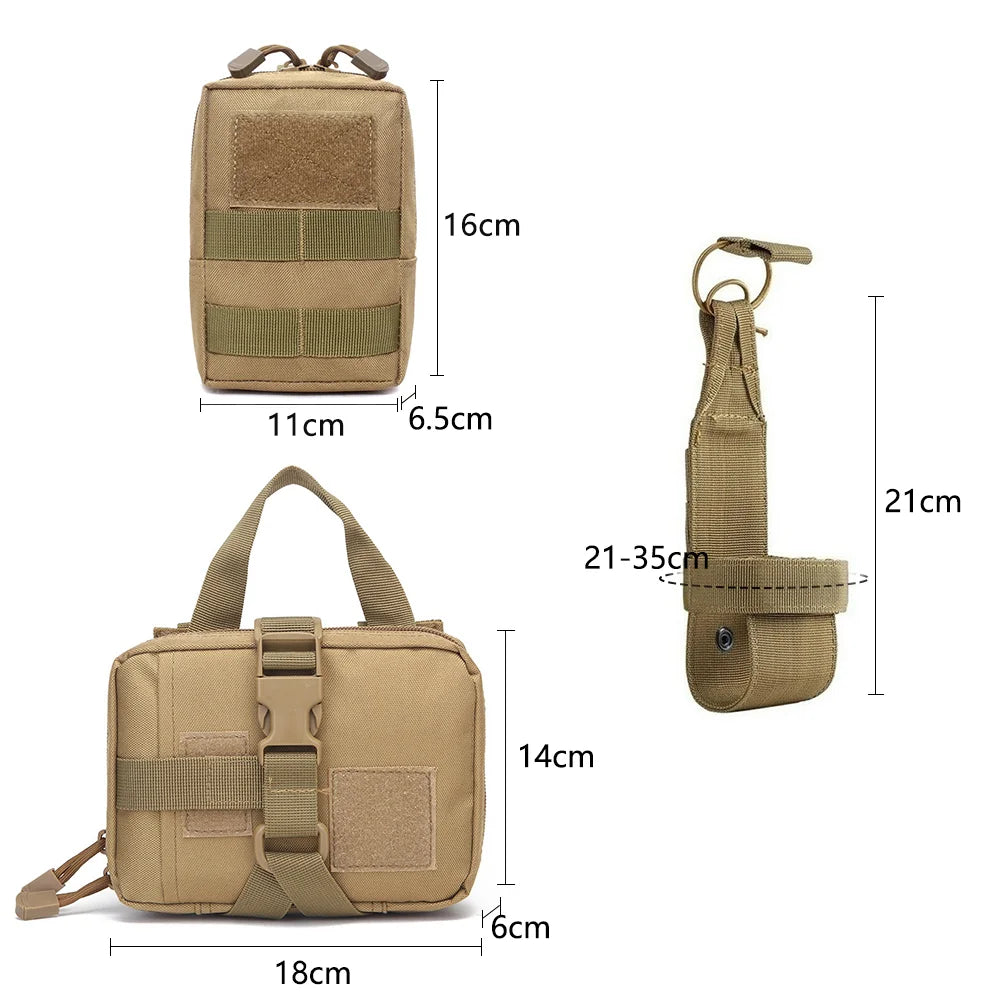 Tan tactical pouches and accessories with measured dimensions, durable outdoor gear from GEO.