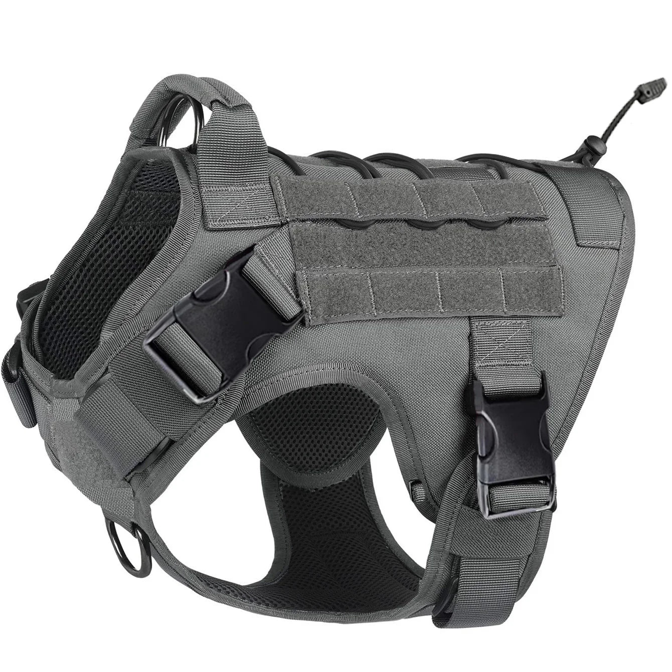 Gray tactical dog harness with padded mesh, adjustable straps, and sturdy buckles, GEO