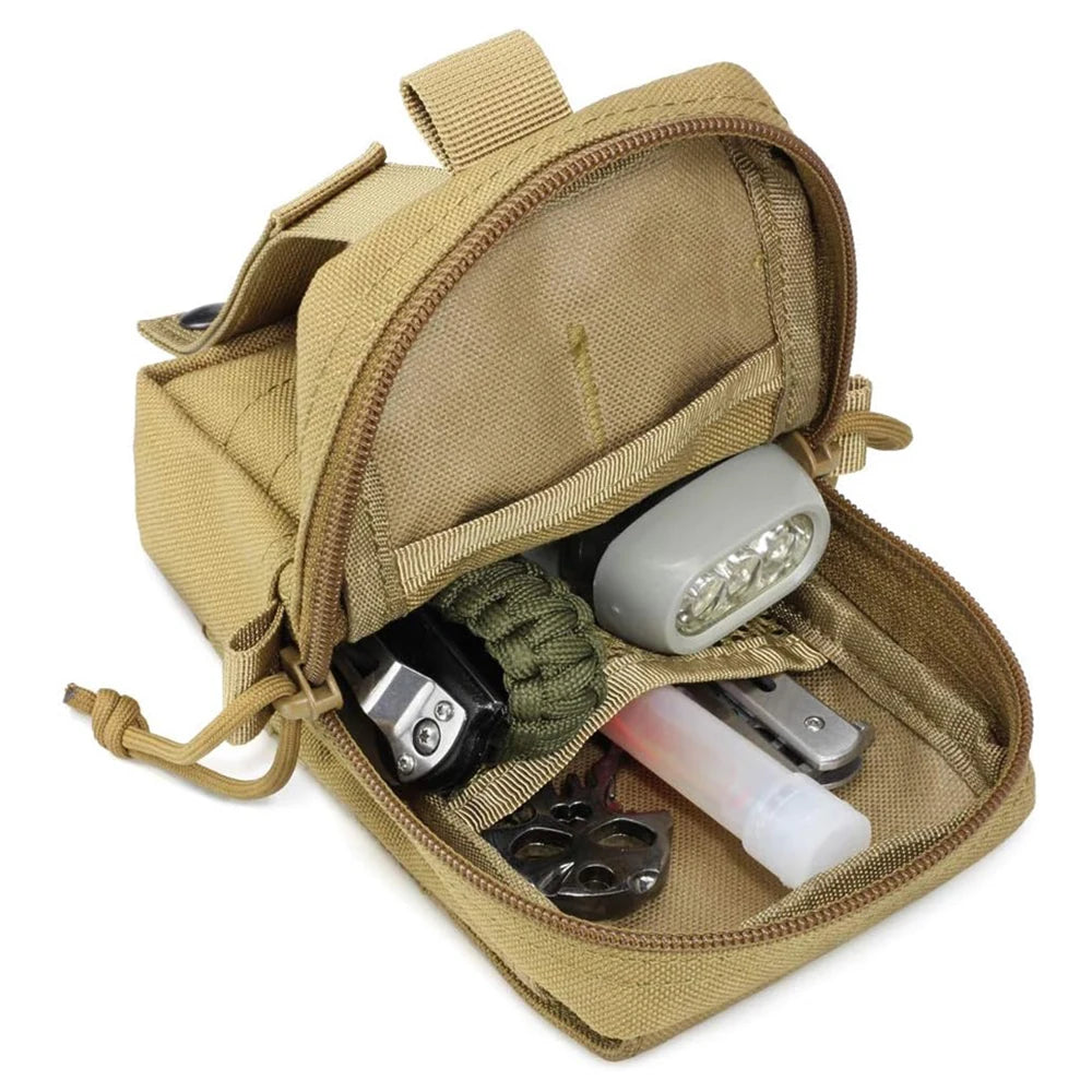 Tan tactical pouch open with flashlight, multitool, paracord, and gear, GEO outdoor essentials