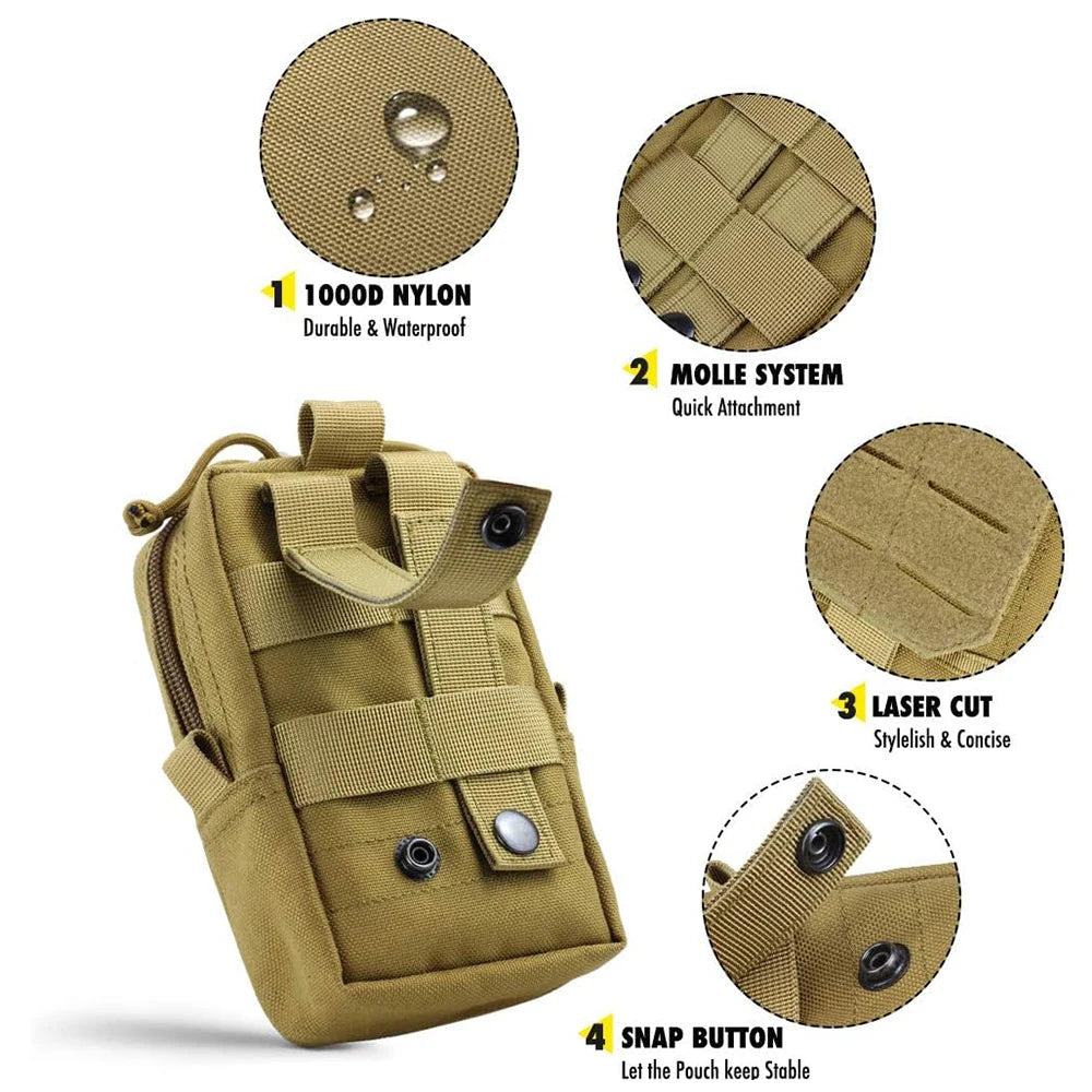 Tan MOLLE tactical pouch with waterproof 1000D nylon, laser cut design and snap button.